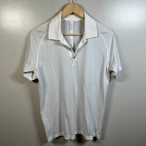 Lululemon Mens Polo Shirt Size Medium White Gray Stripes Golf Business Casual